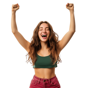 Young woman joyfully celebrating with raised arms in a casual outfit against a bright background, file no background Young woman celebrating with raised arms png