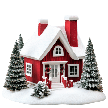 A cozy red house with Christmas trees surrounded by snow on a transparent background during the holiday season, red house with christmas trees isolated on transparent background png