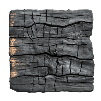Old burned wood plank isolated on a transparent background, showcasing unique textures from fire damage, old burned wood blank isolated on transparent background png