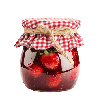 Homemade strawberry jam in a jar with a gingham cloth cover and fresh strawberries inside, Jar of Homemade Strawberry Jam with Gingham Cloth Cover on transparent background png