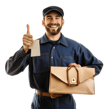 Mailman smiling and giving a thumbs up while holding a mailbag on a transparent background, Mailman isolated on transparent background png