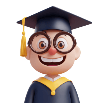 Playful cartoon character wearing a graduation cap and gown on a bright transparent background, 3D Cartoon Graduation Cap on transparent background png