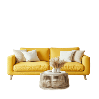 Stylish living room featuring a vibrant yellow sofa and dried plants in a cozy, modern setting, Stylish Living Room with Yellow Sofa and Dried Plants on transparent background png