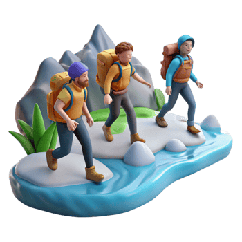 wonderful creative Group of Hikers Crossing Mountain Stream Transparent Background authentic png