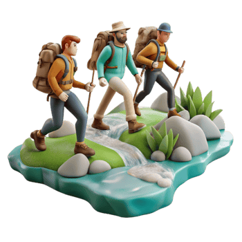 dramatic abstract Group of Hikers Crossing Mountain Stream Transparent Background authentic png