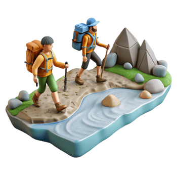 impressive artistic Group of Hikers Crossing Mountain Stream Transparent Background detailed png