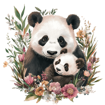 Mother panda lovingly embraces her cub surrounded by colorful floral decoration in a serene habitat, Mother Panda with Cub and Floral Decoration, illustrastion for mother days on transparent png