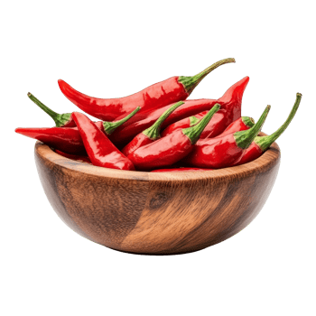 Freshly sliced red chili peppers in a wooden bowl on a bright transparent background, Slice red chili in wood bowl isolated on transparent background png