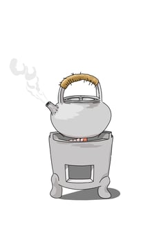 Natural clay teapot on a burning charcoal stove on white background vector