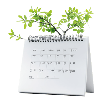A tabletop calendar featuring a plant sprouting from its spine on a transparent background representing growth and time, table calendar 2023 may isolated on transparent background png