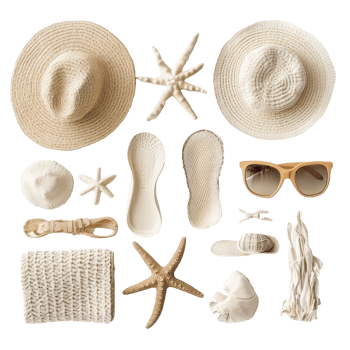 Beach accessories arranged on a transparent background featuring sun hats, sunglasses, and seashells, Beach Accessories on transparent background png