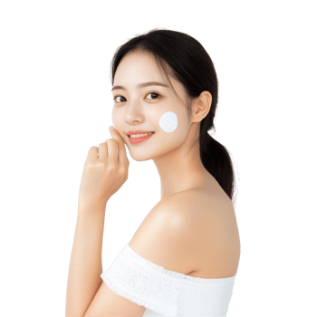 Beautiful young Asian woman applying sunscreen indoors with a radiant smile in a softly lit studio, Studio shot Beautiful young Asian woman applying lotion on shoulder isolated transparent background png