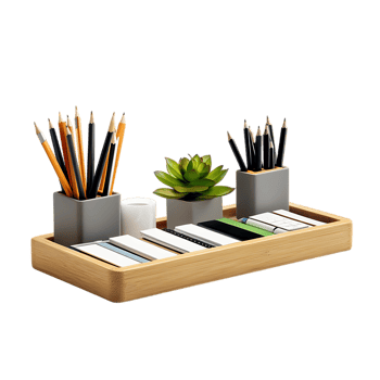 Organized workspace with pencils, succulent, and notepads. png