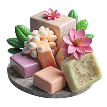 dramatic classic Herbal Soap Bars and Flowers Arrangement Isolated premium png