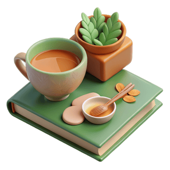 elegant contemporary Herbal Tea and Book Flat Lay Transparent Background professional png