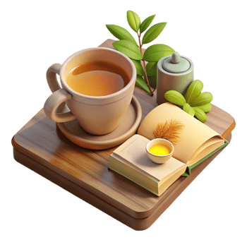 beautiful creative Herbal Tea and Book Flat Lay Transparent Background 4K png