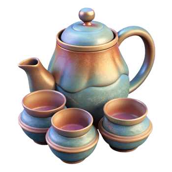 extraordinary classic Herbal Teapot and Cups Transparent Background 4K png