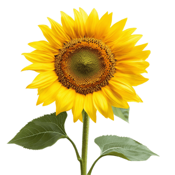 Vibrant sunflower blooming against a transparent backdrop showcasing its bright yellow petals and green leaves, sunflower isolated on transparent background png
