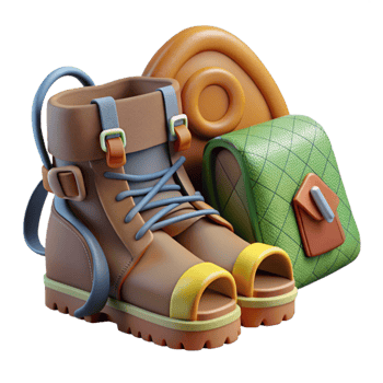 wonderful artistic Hiking Boots and Backpack on Grass Isolated exclusive png