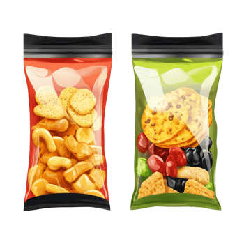 Vibrant snack packaging featuring assorted cookies and savory snacks against a clean, transparent background, Snack packaging isolated Stock Illustration png