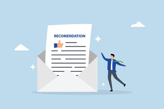 Recommendation letter, joyful entrepreneur holding letter of recommendation in email envelope. vector
