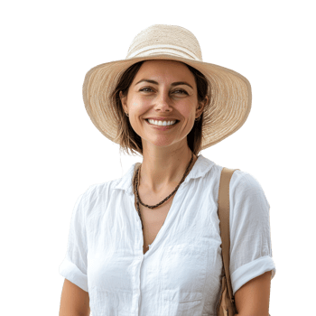 Smiling woman wearing a summer travel transparent and hat enjoying a sunny vacation day, a portrait photo of smiling woman in summer travel attire,isolated transparent background png