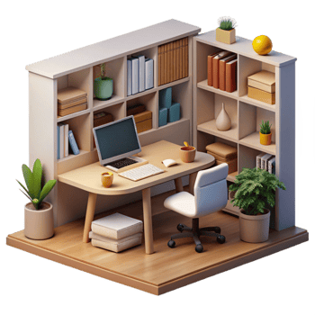 elegant modern Home Office with Bookshelves Transparent Background Cutout 4K png