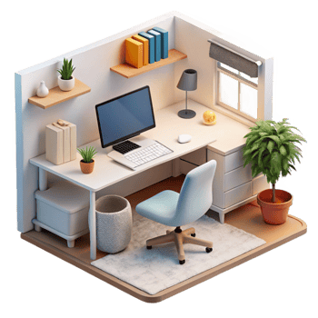 vibrant vintage Home Office Workspace with White Walls Transparent Background Cutout detailed png