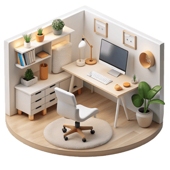extraordinary vintage Home Office Workspace with White Walls Transparent Background Cutout authentic png