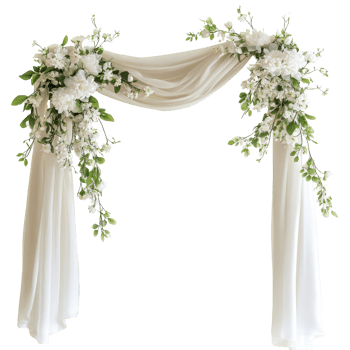 Spring wedding arch adorned with transparent drapery and vibrant flowers for a beautiful outdoor ceremony, Draped wedding arch with spring flowers and transparent fabric isolated on transparent png