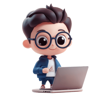 Cute cartoon character with laptop enjoys a creative moment in a cozy workspace at home, 3D Cartoon Character with Laptop Cute Guy Avatar Isolated on transparent background png