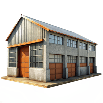 elegant traditional Industrial Warehouse Exterior Daytime Lighting Transparent Background detailed png