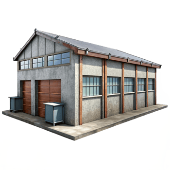 stunning traditional Industrial Warehouse Exterior Daytime Lighting Transparent Background high quality png