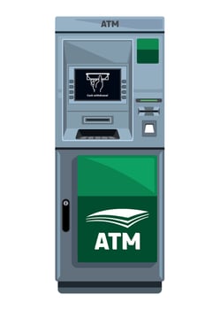 detailed grey and green ATM for cash withdrawal and financial transactions on white background vector