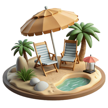 extraordinary rustic Isolated Beach with Umbrellas and Chairs Transparent Background genuine png