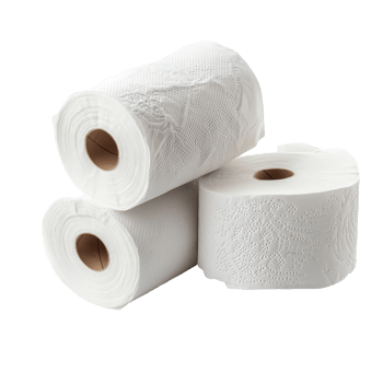 Three rolls of toilet paper stacked on a clean transparent background for home essentials and daily hygiene needs, Toilet paper on transparent background png