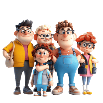 A joyful cartoon group stands together on a transparent background, highlighting friendship and fun, 3D Cartoon Character Group on transparent background png