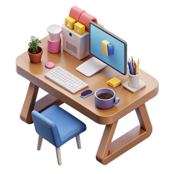 beautiful creative Isometric Office Desk with Laptop and Coffee Mug Isolated high quality png
