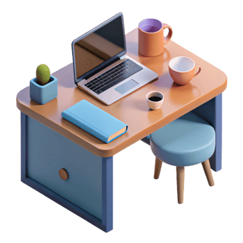 wonderful vintage Isometric Office Desk with Laptop and Coffee Mug Isolated detailed png