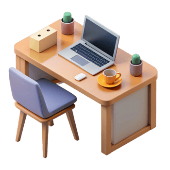 dramatic modern Isometric Office Desk with Laptop and Coffee Mug Isolated high resolution png