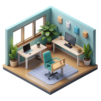 elegant classic Isometric Startup Office Interior Transparent Background detailed png