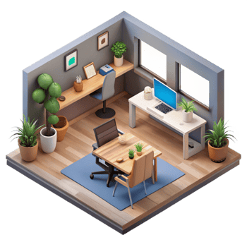 serene traditional Isometric Startup Office Interior Transparent Background 4K png