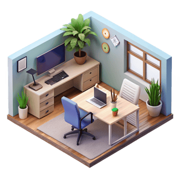 elegant contemporary Isometric Startup Office Interior Transparent Background high resolution png