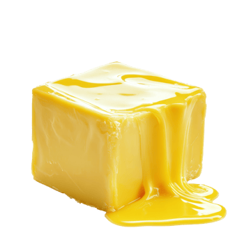 Freshly melted butter cube on a transparent background with glossy texture appearing appetizing and creamy under even lighting conditions, Cube butter melting isolated Stock Photo png