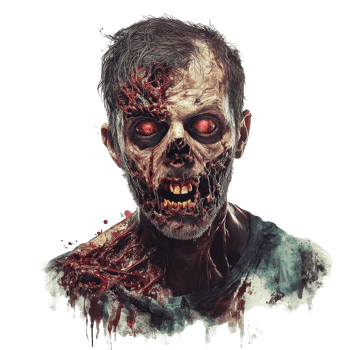 Chilling horror zombie portrait with haunting features and vibrant eyes against a stark transparent background, Horror Zombie Portrait on transparent background png