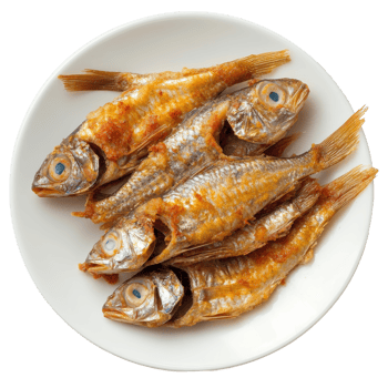 Small fried fish served on a transparent plate, perfect for a light meal or appetizer at any gathering, small fried fish in plate on transparent background png