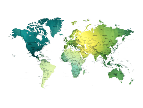 World map with watercolor effect, green and teal tones. png