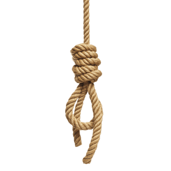 Knotted hanging rope isolated on a transparent background, showcasing craftsmanship and detail in knot tying, Knotted Hanging Rope Isolated on transparent background Suicide concept png