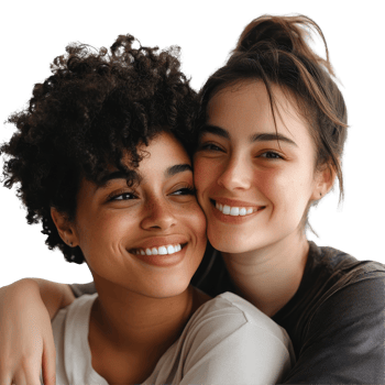 Happy lesbian women sharing an affectionate moment while embracing in a bright, isolated setting, happy lesbian women isolated on transparent png