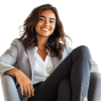 Cheerful businesswoman sitting confidently in a modern office environment during a sunny day, file no background Cheerful businesswoman in the waiting room png